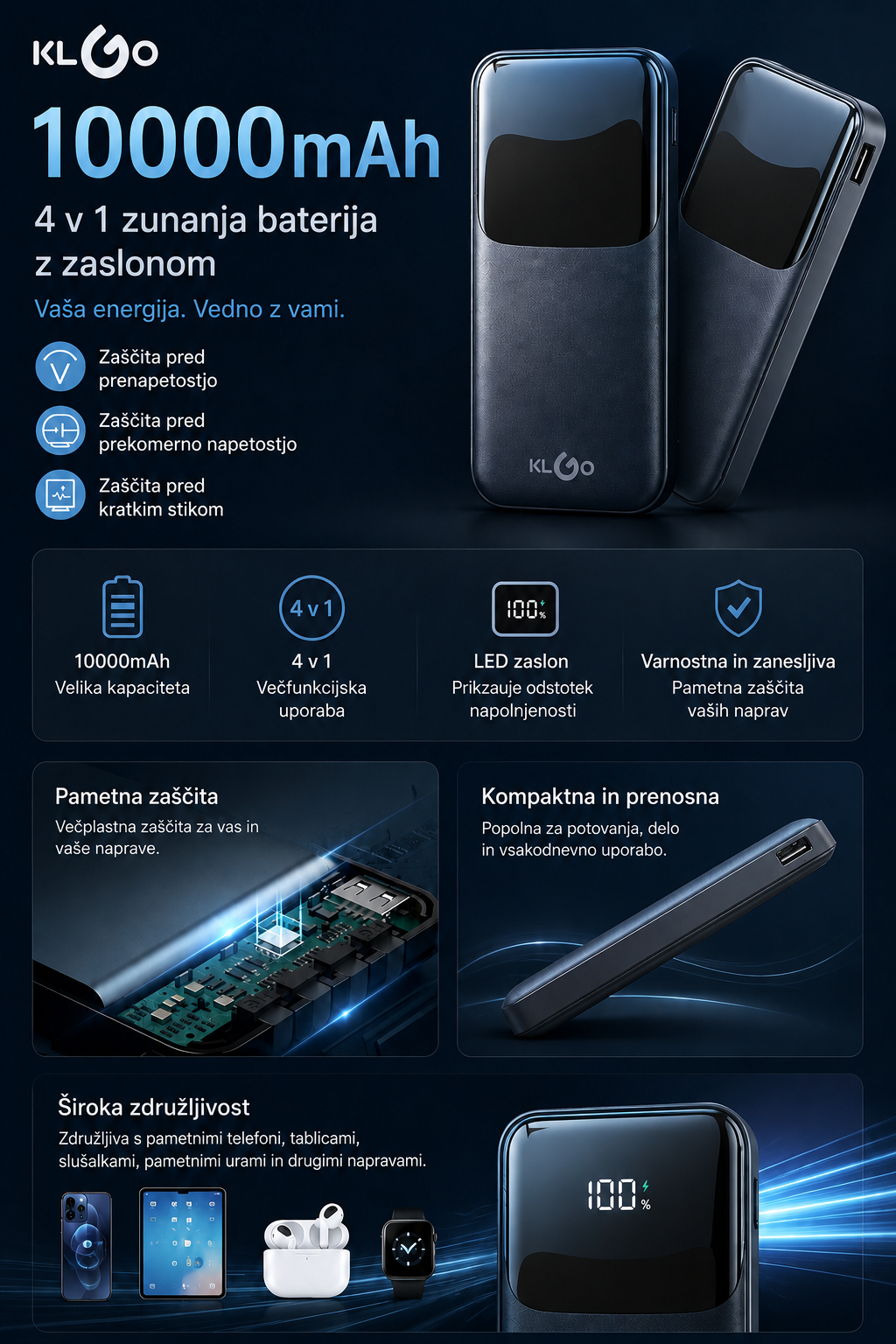 KLGO KP-37, 4 v 1 10000mAh prenosna baterija z zaslonom - slika 7