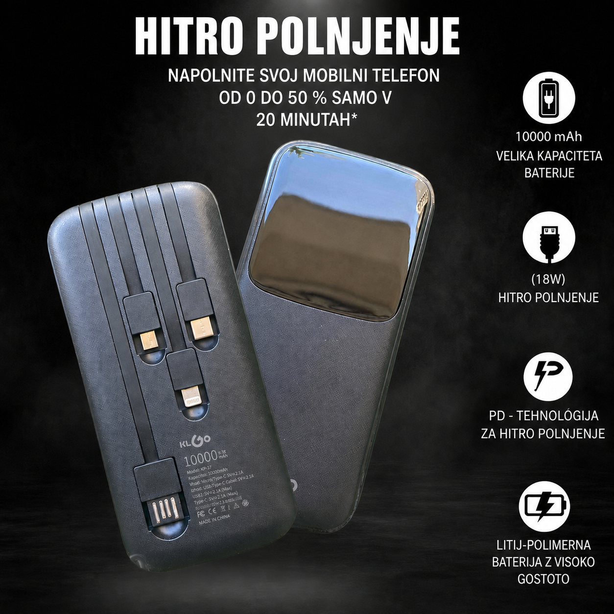 KLGO KP-37, 4 v 1 10000mAh prenosna baterija z zaslonom - slika 9